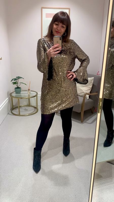 Gold sequins for party season ✨✨✨ Sequins dress with black sequin boots

#LTKstyletip #LTKover40 #LTKSeasonal