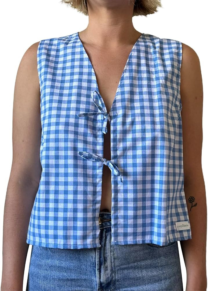 Women Y2k Tie front Tank Top Sleeveless V-Neck Open front Vest Crop Top Casual Summer Cami Shirt ... | Amazon (US)