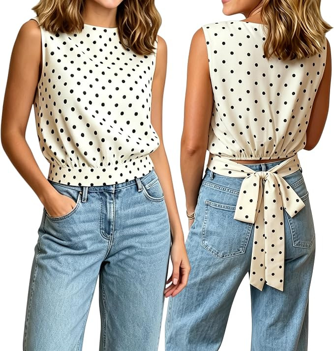 Omoone Women's Polka Dot Tank Top Y2K Sleeveless Boat Neck Tie Back Bow Cropped Vest Tunic Tops S... | Amazon (US)