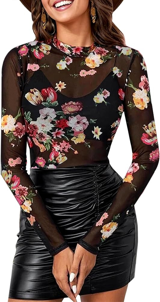 Floral Mesh Long Sleeve Tops for Women Mock Neck See Through Fitted Sexy Going Out Top | Amazon (US)