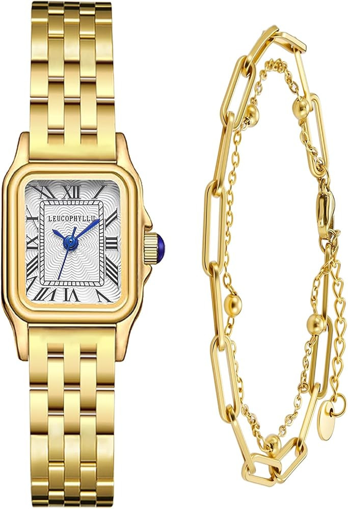 Small Gold Watches for Women with Vintage Rectangular Case, Classic Roman Dial,Stainless Steel Ba... | Amazon (US)