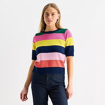 St. John's Bay Womens Crew Neck Short Sleeve Striped Pullover Sweater | JCPenney