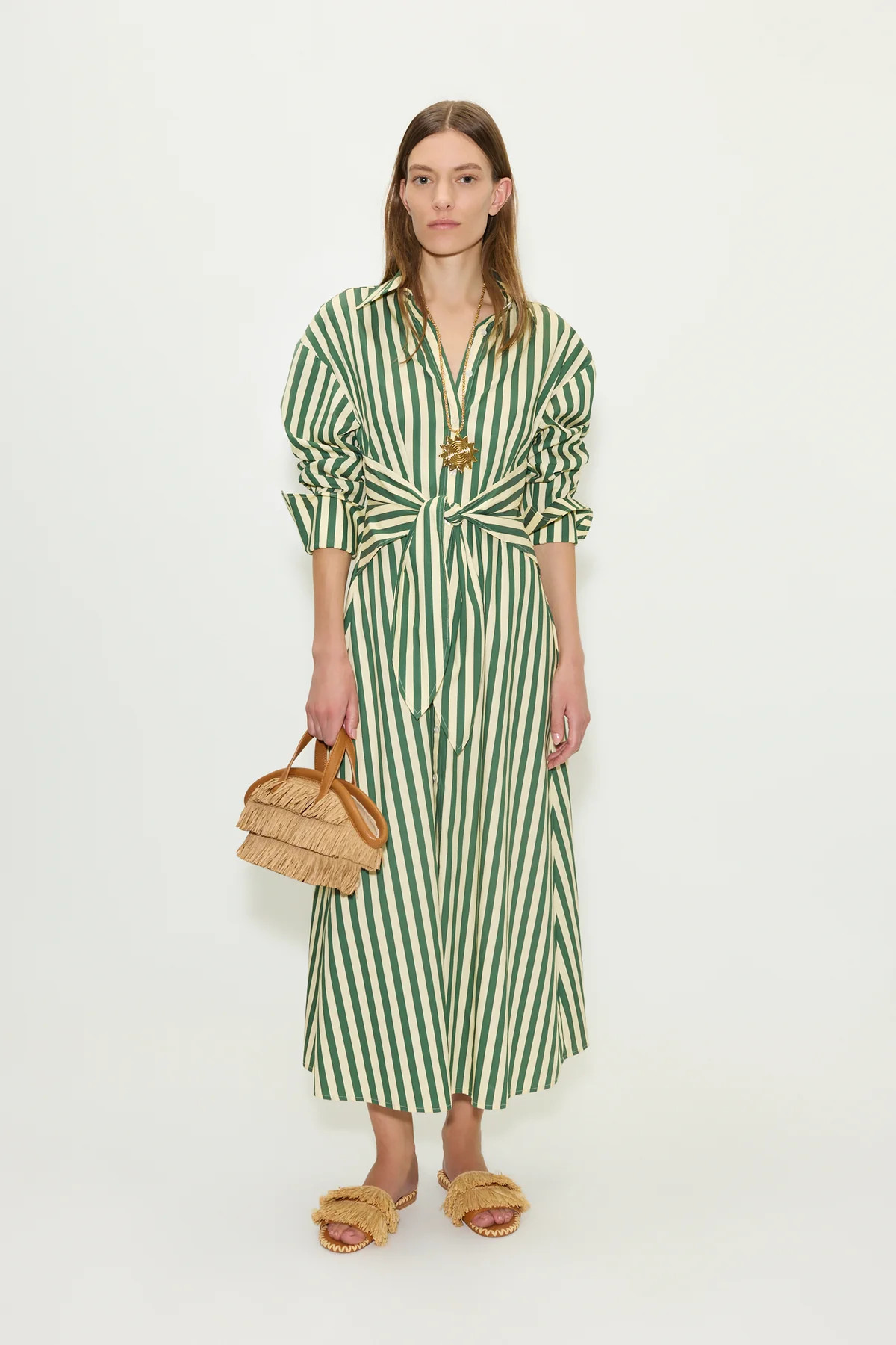 Loch
           Poplin Maxi Dress in Gummy Green/Ecru Stripe | Simon Miller