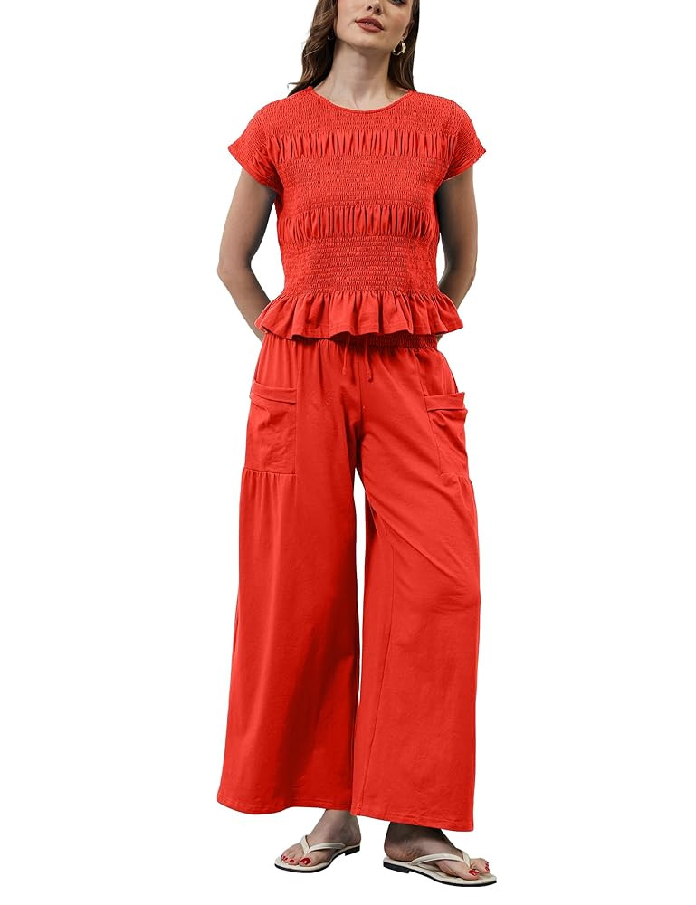 Womens Summer 2 Piece Outfits Smocked Tops Elastic Waist Wide Leg Pants with Pockets Casual Boho ... | Amazon (US)