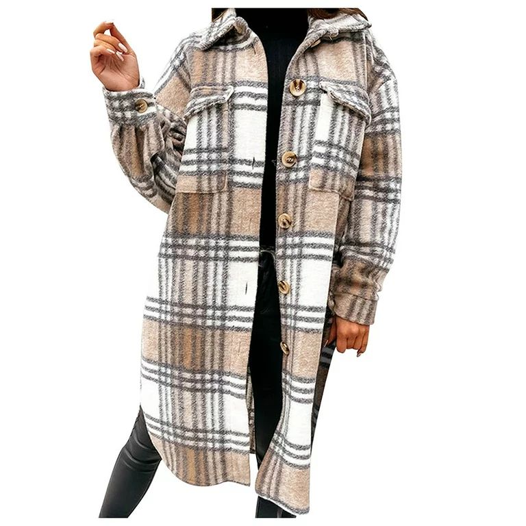 oiangi Womens Fall Clothes Long Sleeve Plaid Print Button Open Front Long Cardigan Outerwear | Walmart (US)