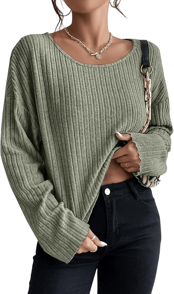 SweatyRocks Women's Long Sleeve Boat Neck Plain Tee Casual Drop Shoulder Rib Knit T Shirt Crop To... | Amazon (US)