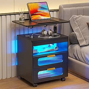 HNEBC Nightstand with Wireless Charging Station, LED Nightstand Has Adjustable Rotary Workstation... | Amazon (US)