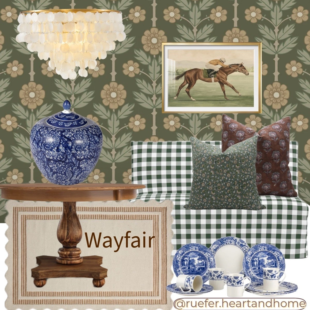 Wayfair Way Day inspo board… breakfast nook and/or dining room decor. Capiz chandelier, chinoiserie ginger jar, wallpaper, scallop rug, neutral rug with scallop edge border, Loloi rug, upholstered dining bench, framed equestrian art, dish set, transferware dishes, pillows, wood pedestal tablee

#LTKHome #LTKSaleAlert #LTKSeasonal