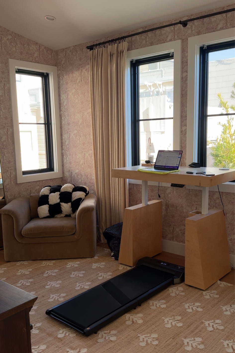 Office Walking pad, chair, blanket, rug, curtain rod are all linked! Desk was custom built, wallpaper is North & Finch and curtains are in the color Sand Beige 1908-3 