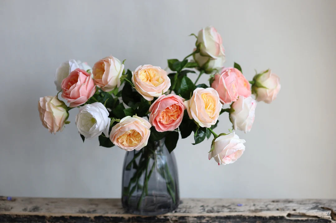 18.9” Faux Real Touch English Cabbage Roses-white/champagne/pink, Realistic Fake Flowers, DIY F... | Etsy (US)