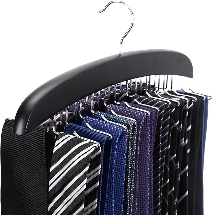 Wooden Tie Hanger,24 Tie Organizer Rack Hanger Holder Hook (Black, 24 Hooks) | Amazon (US)