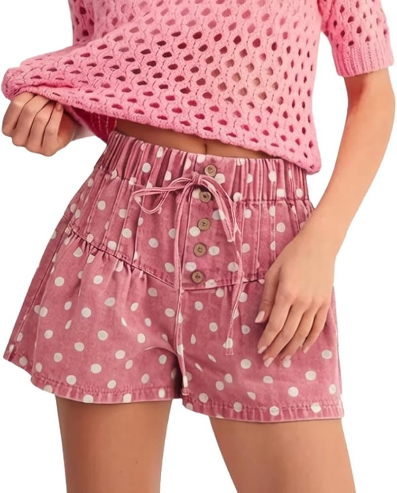 chouyatou Women Summer Polka Dot Jean Shorts High Waisted Cute Floral Elastic Waist Wide Leg Deni... | Amazon (US)
