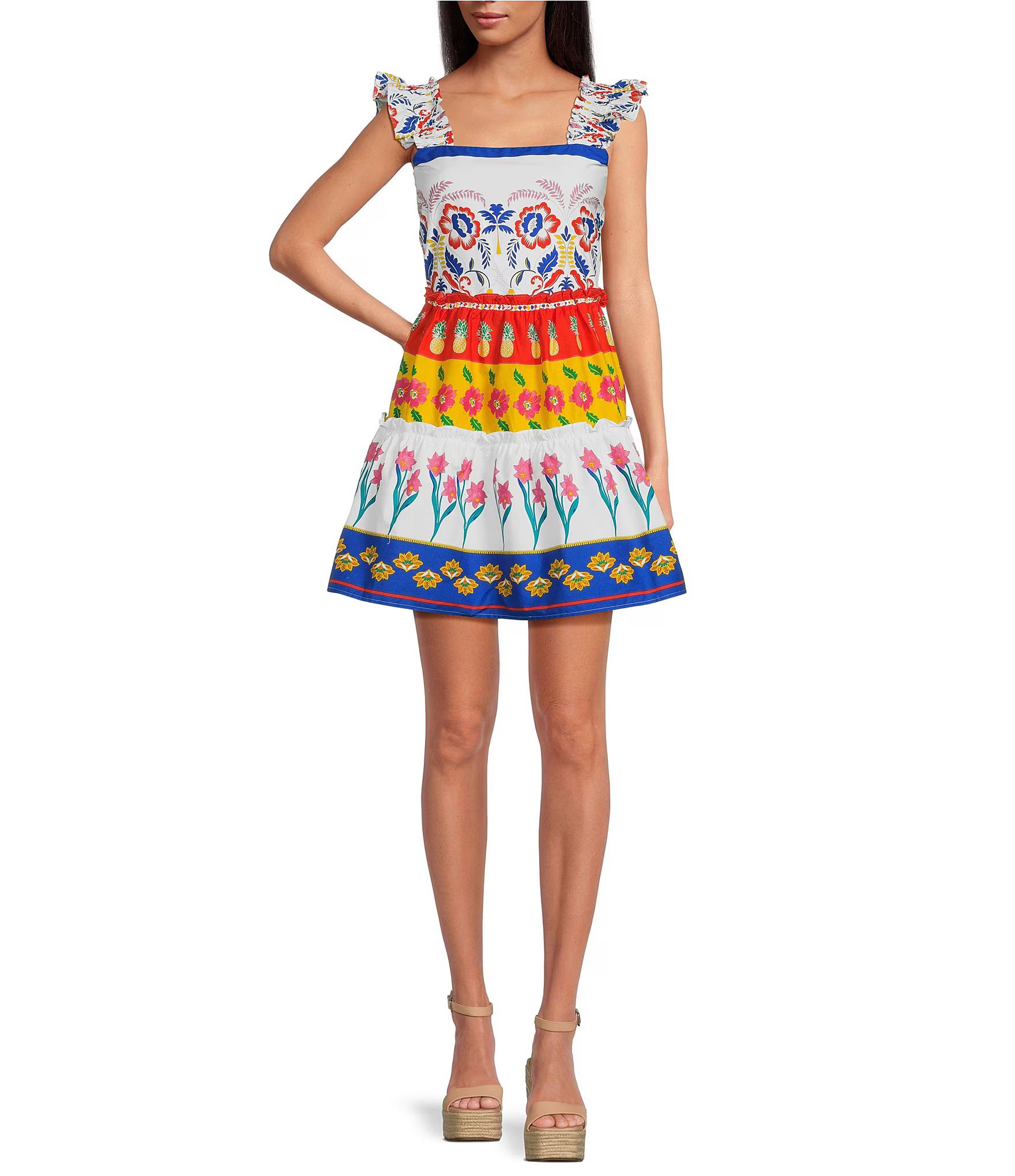 Mixed Print Square Neck Sleeveless Ruffle Tiered Dress | Dillard's