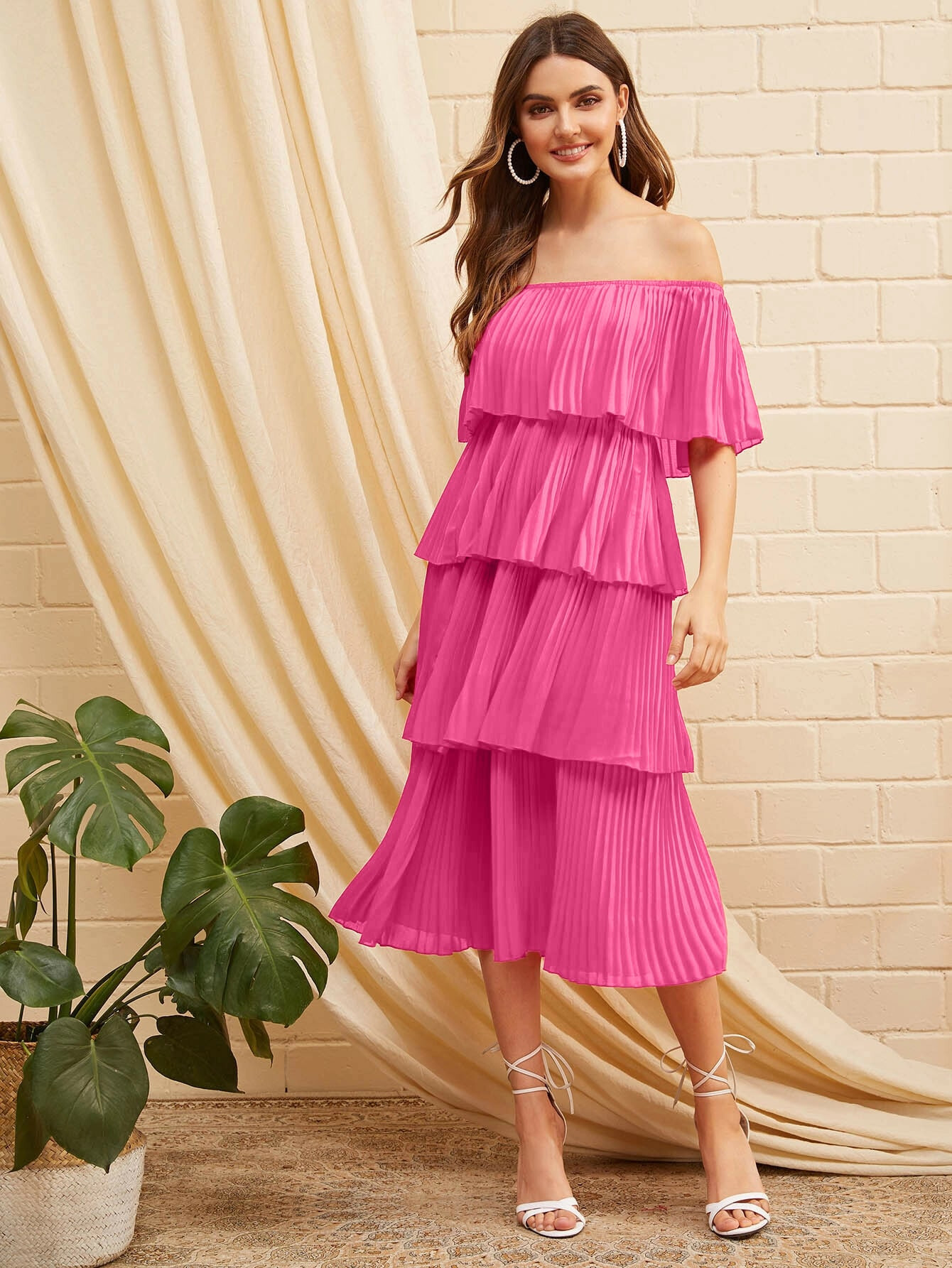 SHEIN Foldover Front Off Shoulder Layered Pleated Dress | SHEIN