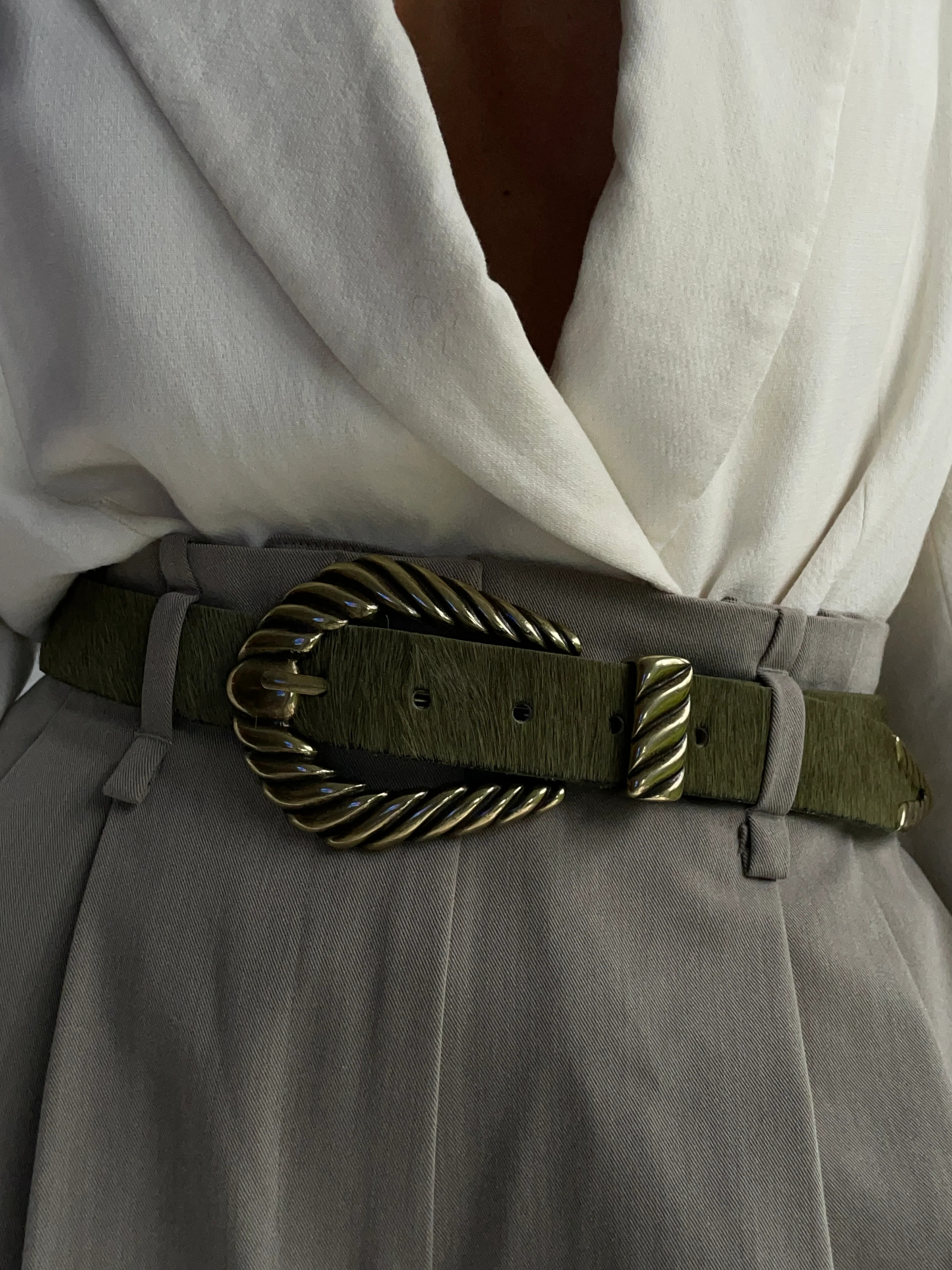 Off To The Races - Olive Hair-On Leather Belt With Old Brass Vintage Buckle | Streets Ahead | Streets Ahead Inc