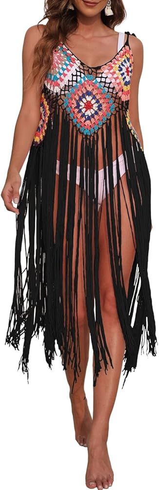AILUNSNIKA Spaghetti Strap Tassel Crochet Cover Ups for Women Sexy Fringe Hem Swimsuit Cover Up D... | Amazon (US)
