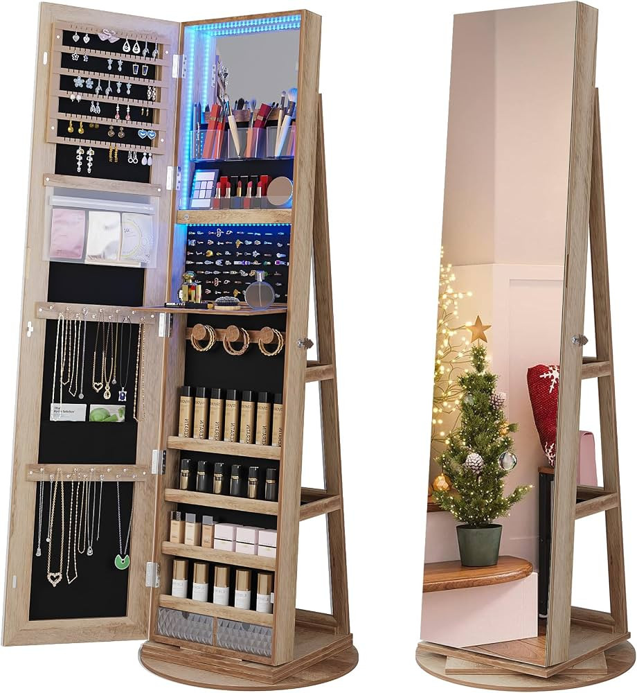 HNEBC 360° Swivel Jewelry Cabinet with Lights, Standing Jewelry Armoire Organizer, Rotatable Jew... | Amazon (US)