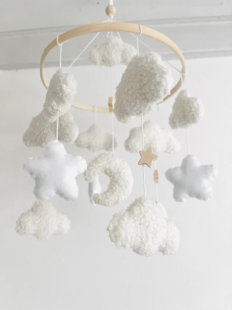 Mobile Bébé Nuages Boucle/Teddy Tissu Ecru/Blanc - Etsy France | Etsy (FR)