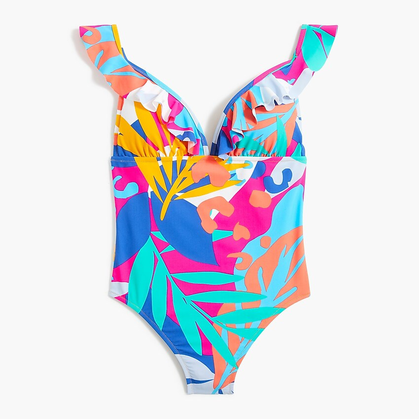 Floral ruffle-shoulder V-neck one-piece swimsuit | J.Crew Factory