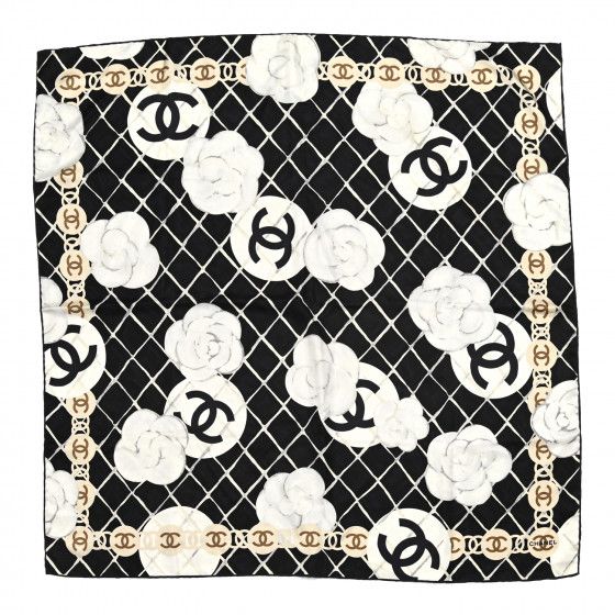 CHANEL Silk Camellia CC Square Scarf Ivory Black | FASHIONPHILE | Fashionphile