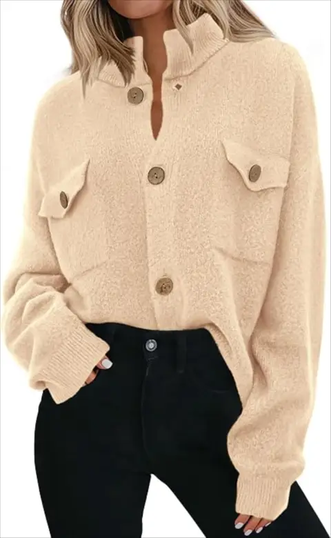KIRUNDO Cardigans for Women Trendy Button Up Sweater Jackets Mock Neck Long Sleeve Loose Fit Chun...