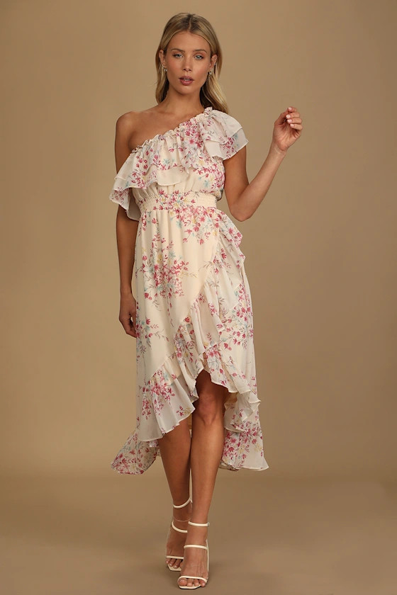 All Sweet Cream Floral Print Ruffled One-Shoulder Midi Dress | Lulus (US)