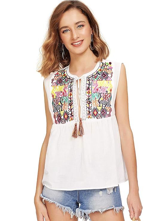 Floerns Women's Sleeveless Ruffle Striped Embroidered Pom Pom Tie Neck Blouse | Amazon (US)