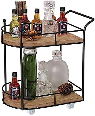 SunArtHome Two-Tier Matte Black Metal Wire/Wood Coffee Bar Cart - Mini Rolling Utility Cart Tiered T | Amazon (US)