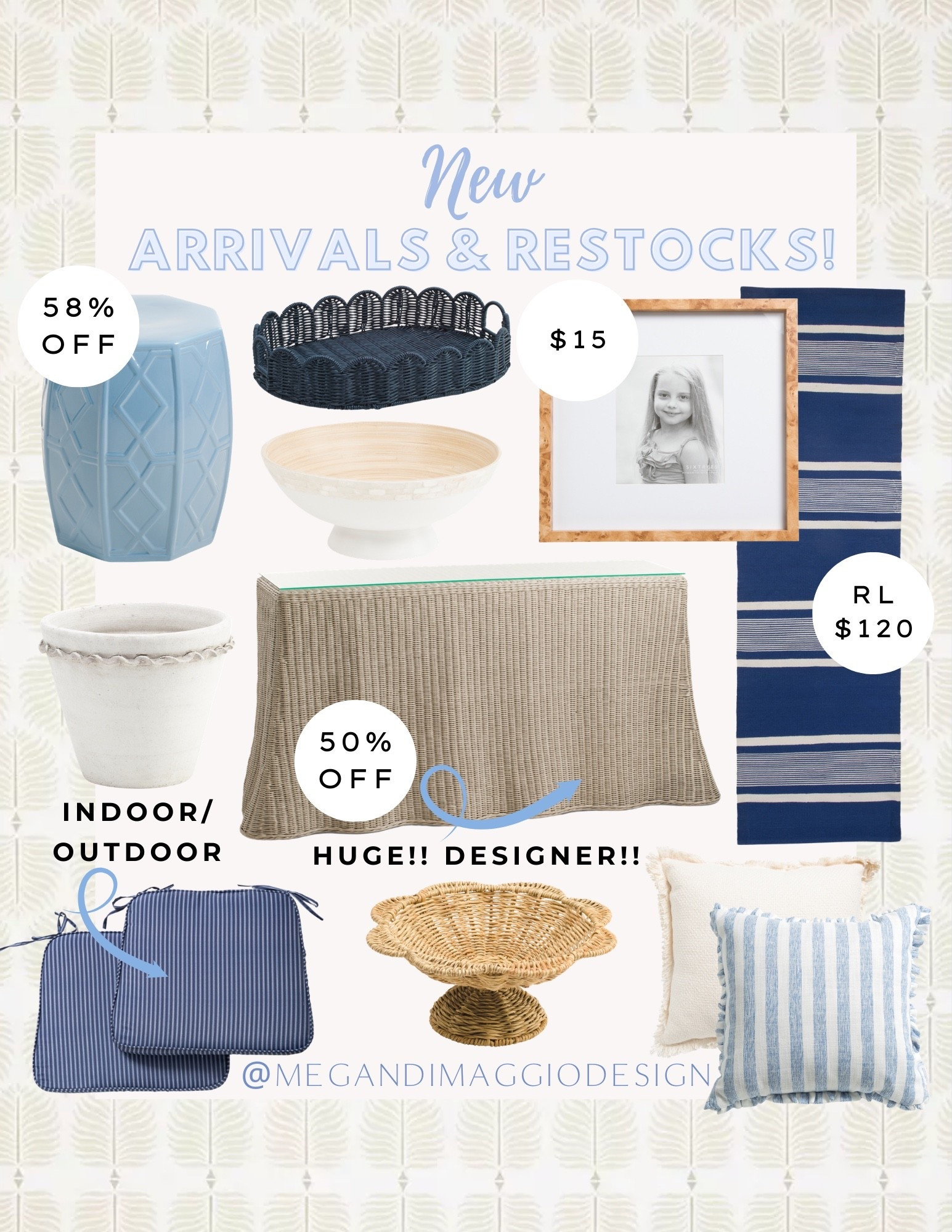 Wow!! Tons of new coastal home arrivals just dropped and they’re sooo good!! 🤯🙌🏻🐚 Several designer pieces up to 58% OFF!! Love this huge rattan scalloped console table with glass topper! And how stunning is this outdoor blue lattice garden stool?!! Pricey but Major designer!! Plus several new Ralph Lauren rugs! And these cushions are indoor/outdoor and would be perfect for Serena & Lily’s Riveria dining chairs or counter stools!! Even more linked! 🤍