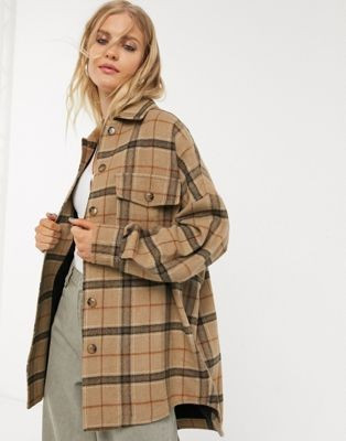 Bershka brushed cotton longline shacket in brown check | ASOS (Global)