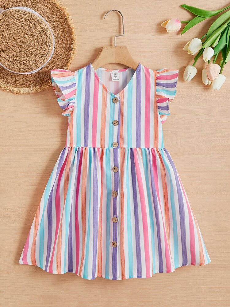 SHEIN Toddler Girls Block Striped Ruffle Trim Dress | SHEIN