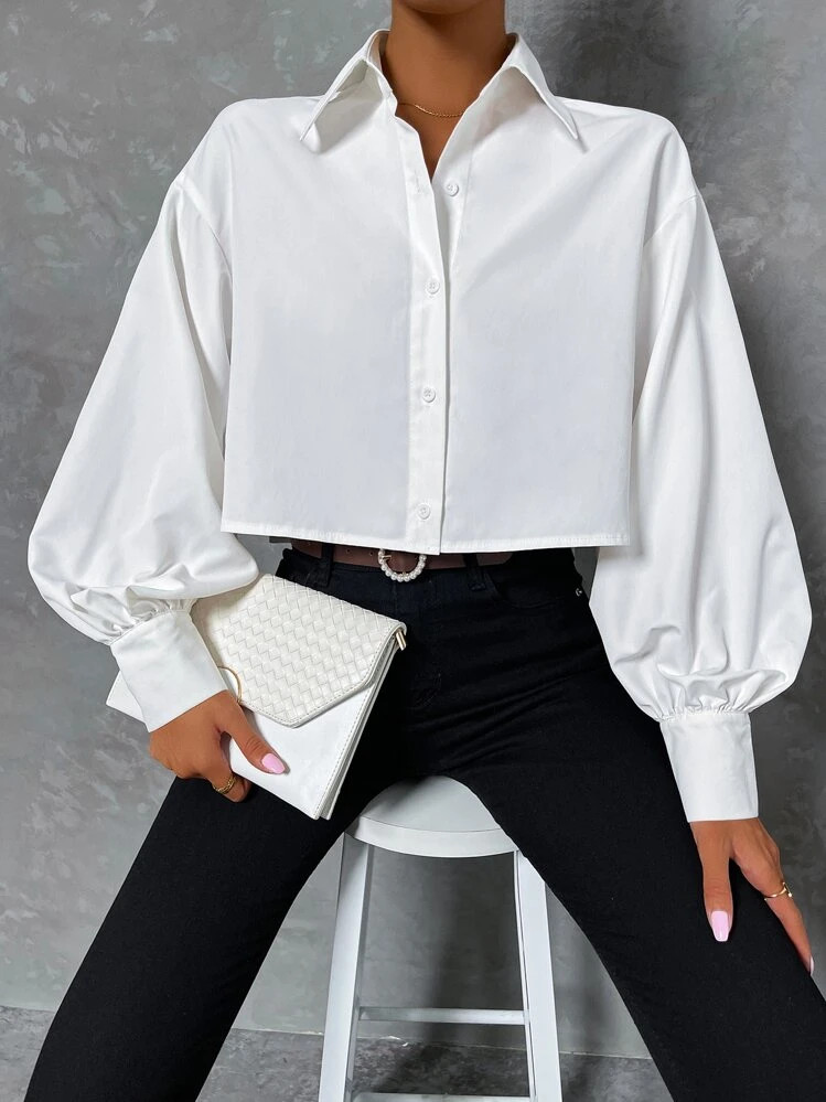 SHEIN Raffinéa Lantern Sleeve High Low Longline Shirt | SHEIN