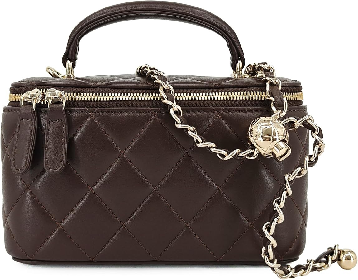 Small Genuine Leather Purse Quilted Crossbody Bag for Women, Mini Top-Handle Shoulder Handbag w/G... | Amazon (US)