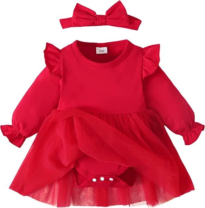 SOBOWO Newborn Infant Baby Girl Romper Dress Tutu Ruffle Long Sleeve Tulle Solid Onsies Dresses F... | Amazon (US)