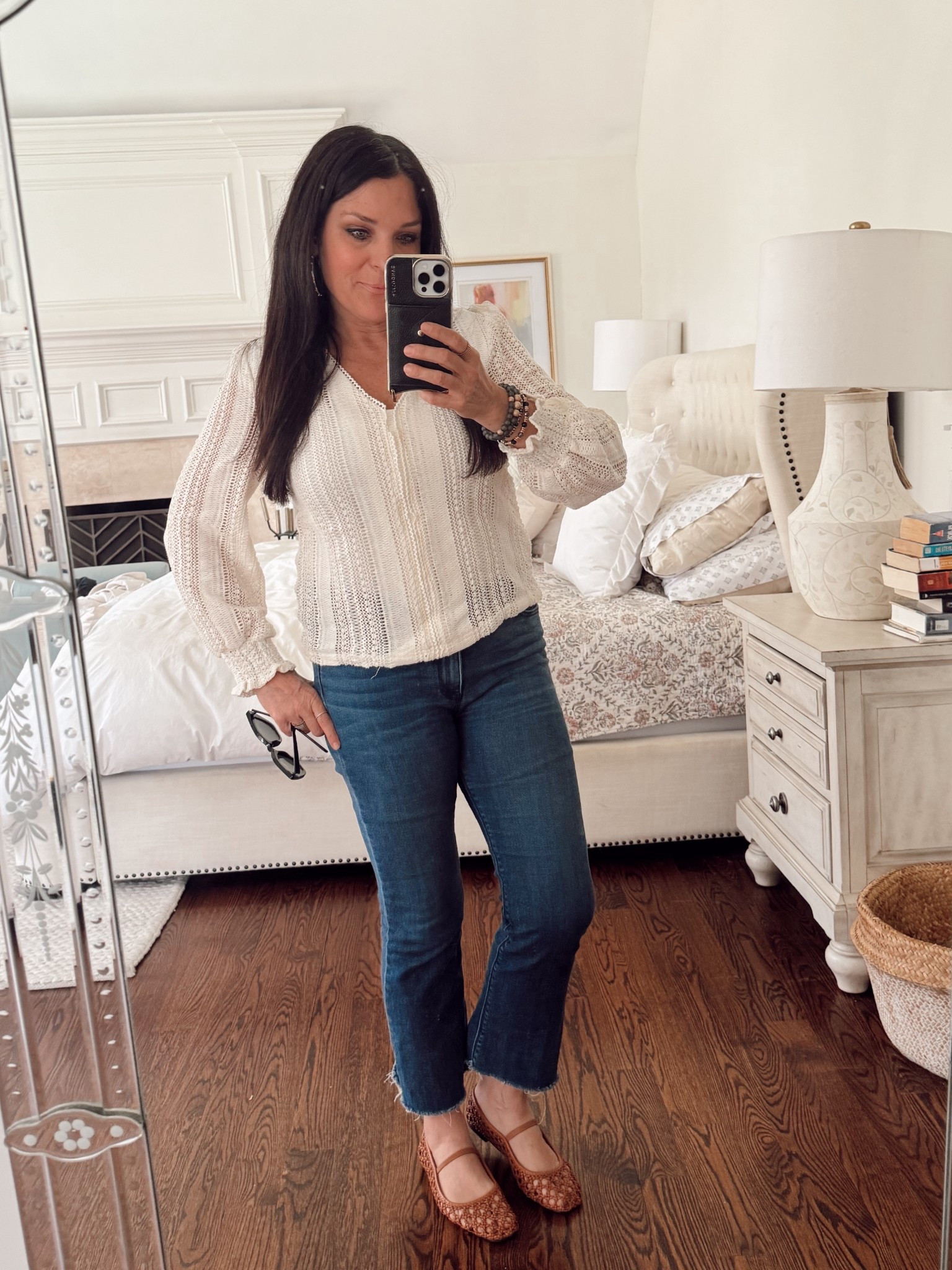 Cute spring crochet blouse with woven Mary Jane flats

#LTKootd #LTKmomlife