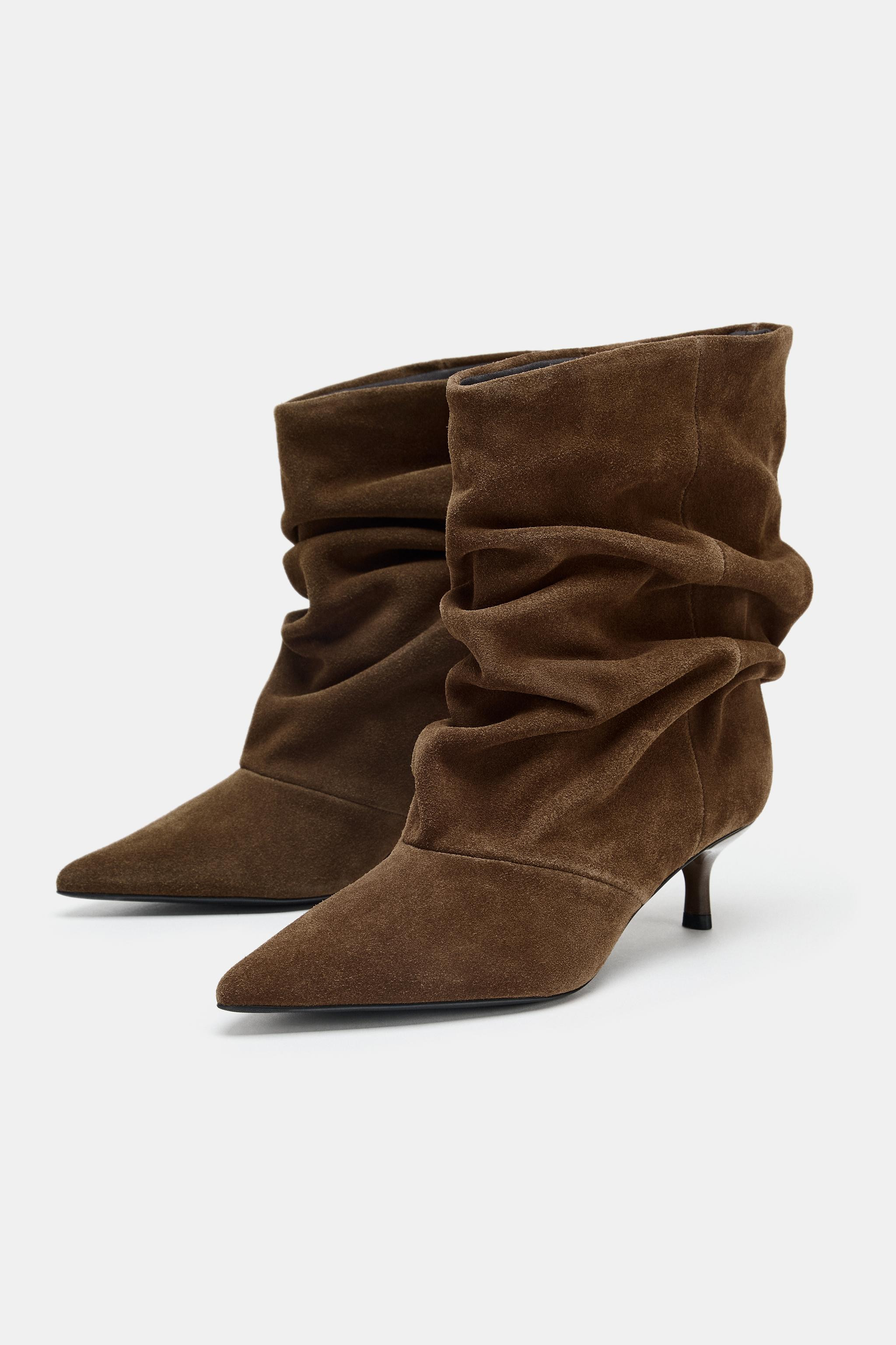 Suede ankle boots. Featuring ruched shaft detail. Mid kitten heel. Pull-on style. Pointed toe. He... | Zara US