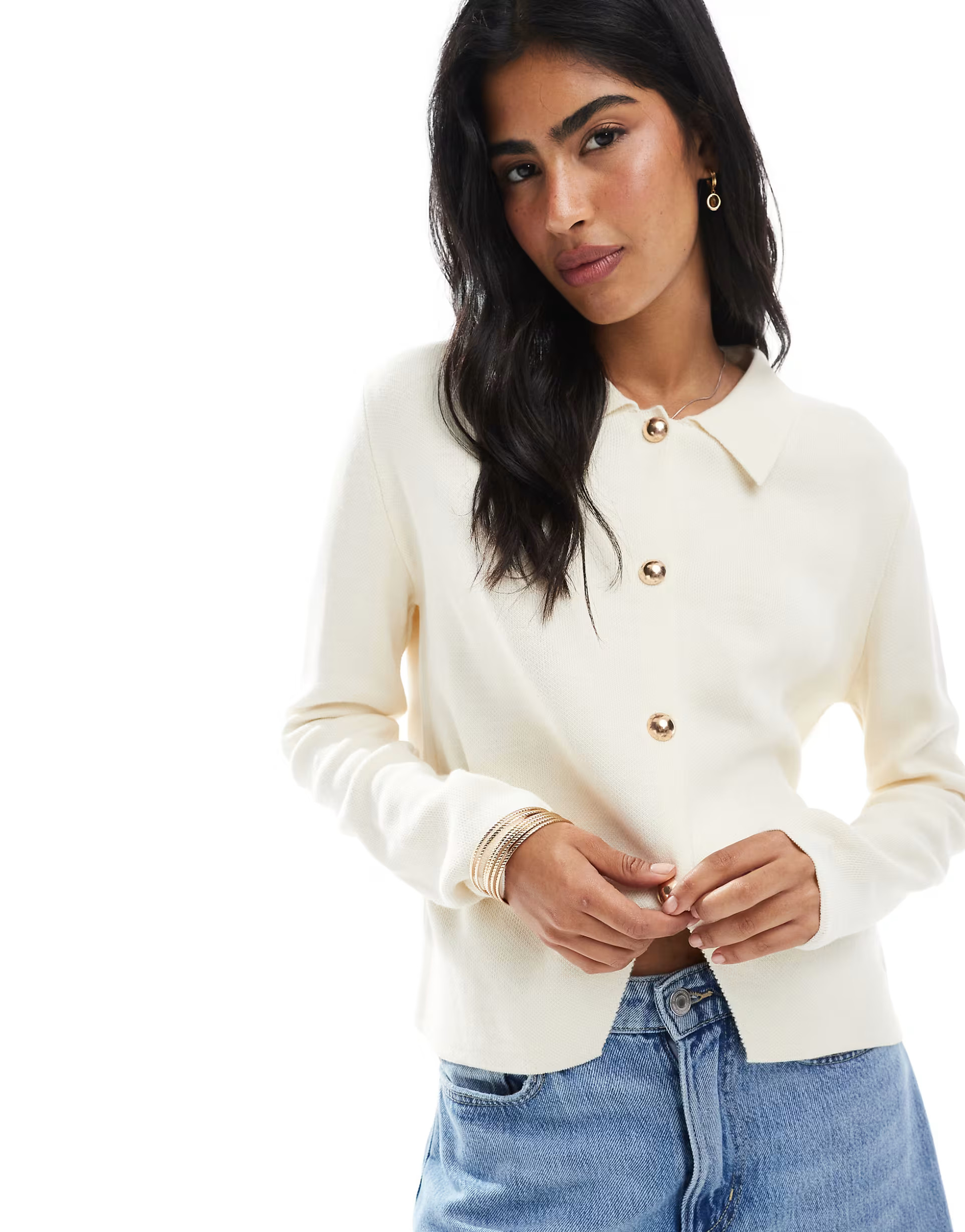 ASOS DESIGN compact knit cardigan with collar in ecru | ASOS (Global)