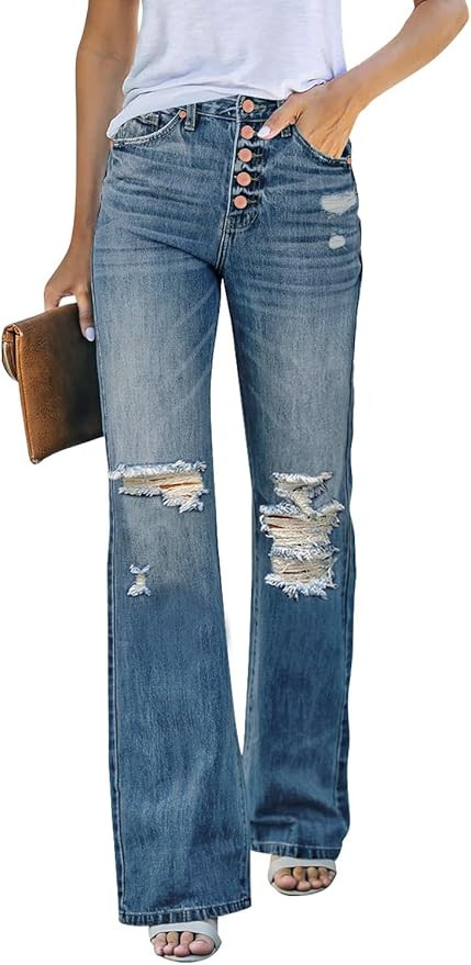 LookbookStore High Waisted Ripped Flare Jeans for Women Distressed Bell Bottom Jeans Wide Leg Pan... | Amazon (US)