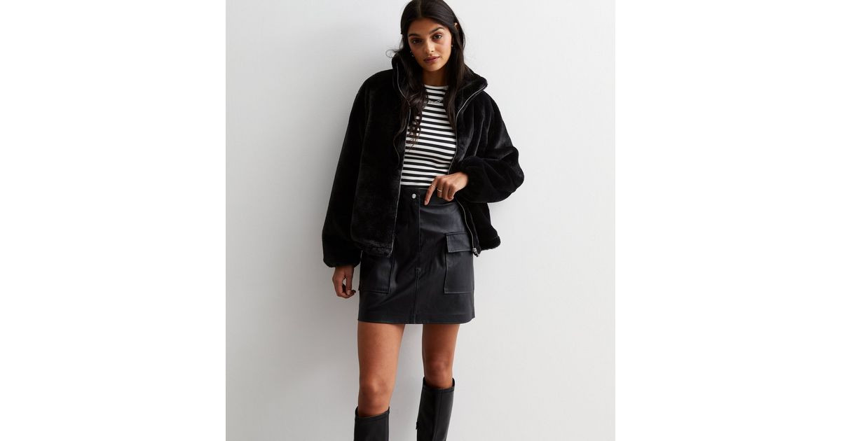 Black Faux Fur Funnel Neck Zip Coat | New Look | New Look (UK)