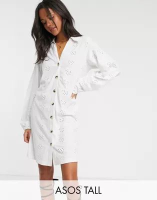 ASOS DESIGN Tall broderie button through shirt dress in white | ASOS (Global)