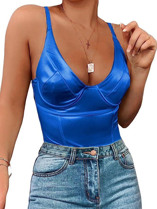 Dlsave Sexy Neon Top for Women Deep V Neck Satin Bodysuit Going Out Tank Tops | Amazon (US)