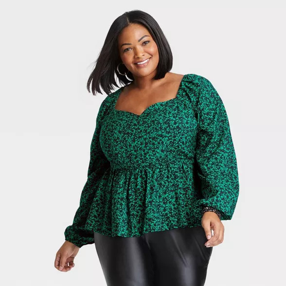 Women's Plus Size Long Sleeve Sweetheart Peplum Top - Ava & Viv™ | Target
