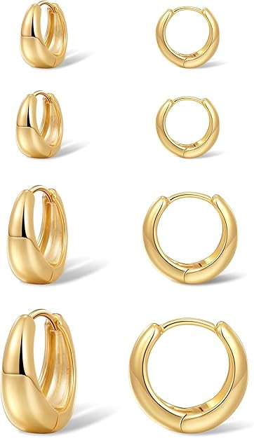 Foxgirl 4 Pairs Small Chunky Huggie Hoop Earrings for Women - Dainty 14K Gold Plated Hypoallergen... | Amazon (US)