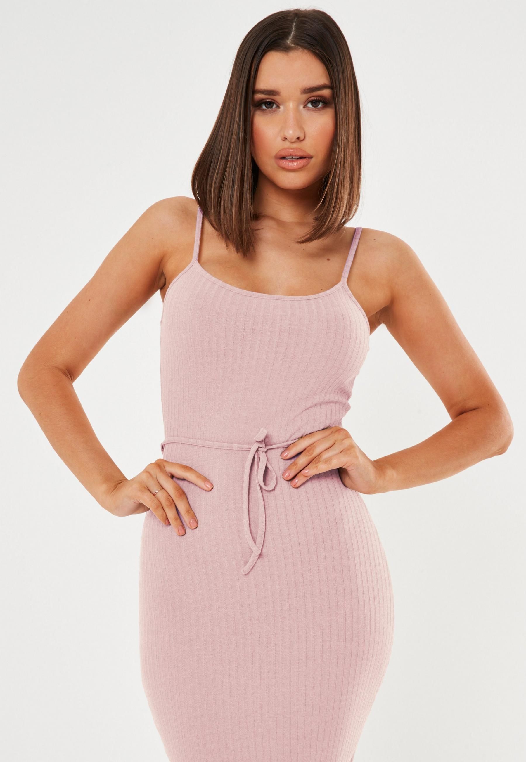 Petite Pink Rib Tie Belted Cami Midaxi Dress | Missguided (US & CA)