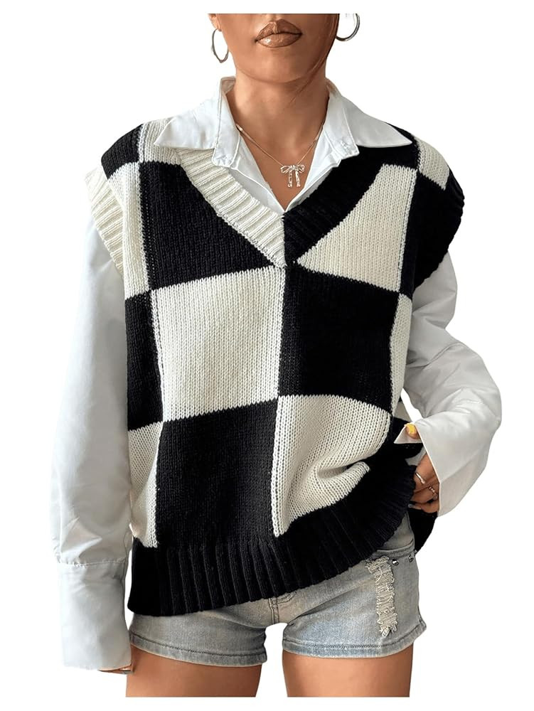 Verdusa Women's Checkered Sweater Vest Old Money Knit Tops 2025 Fall Trendy Cap Sleeve Sweater Ve... | Amazon (US)
