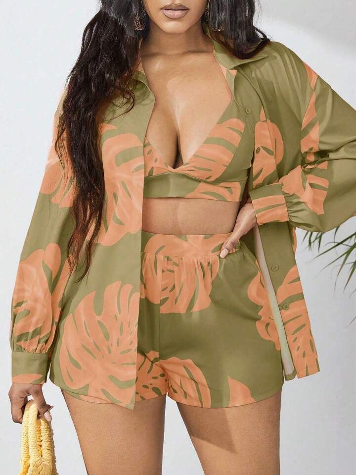 SHEIN Slayr Tropical Print Drop Shoulder Blouse & Cami Top & Shorts | SHEIN