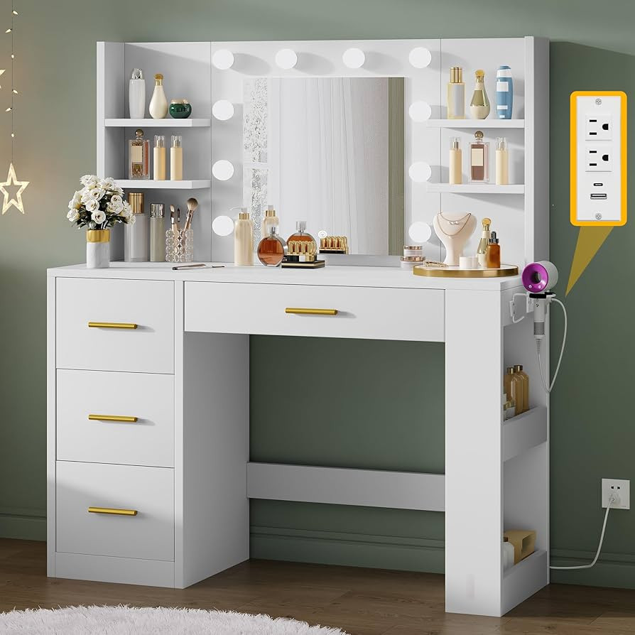 YITAHOME Vanity Desk with 22" Mirror, LED Lights and Power Outlet, Makeup Table with 4 Drawers, A... | Amazon (US)