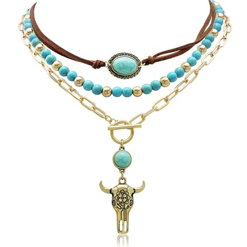 Fscwlmon 3 Pcs Layered Western Cowgirl Necklaces for Women Boho Turquoise Beaded Western Jewelry Rhinestone Cowboy Hat Boots Ox-Head Pendant Choker Paperclip Chain Cowboy Chic Country Accessory NTGJ | Amazon (US)