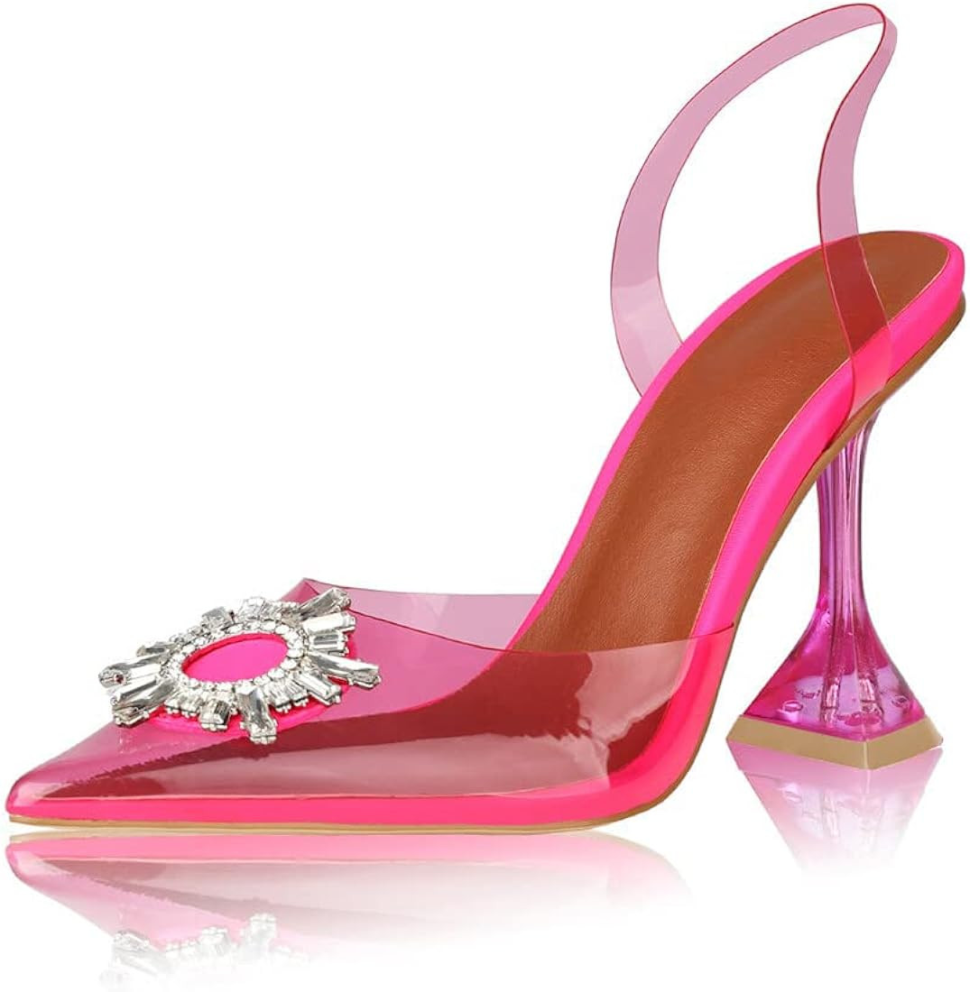 AMINUGAL Womens Slingback Clear High Heel Sandals Band Pointed Toe Triangle Heeled Rhinestones Cr... | Amazon (US)