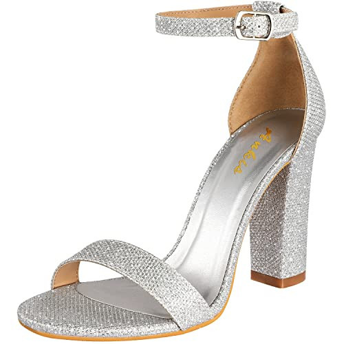 Ankis Nude Silver Heels for Women Open Toe Ankle Strap Chunky Heel Pump Sandals Evening Dress Party Wedding Strappy Buckle Sandals Standard Size 4 Inches Tall Thick Heel Design | Amazon (US)